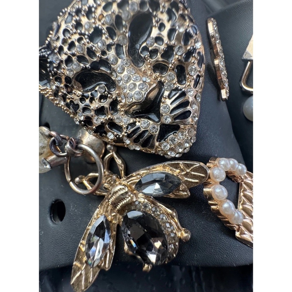 Crocs Classic Slides Black Custom Jeweled Charms Leopard Bee Pearls Sandals 8 - Picture 3 of 12